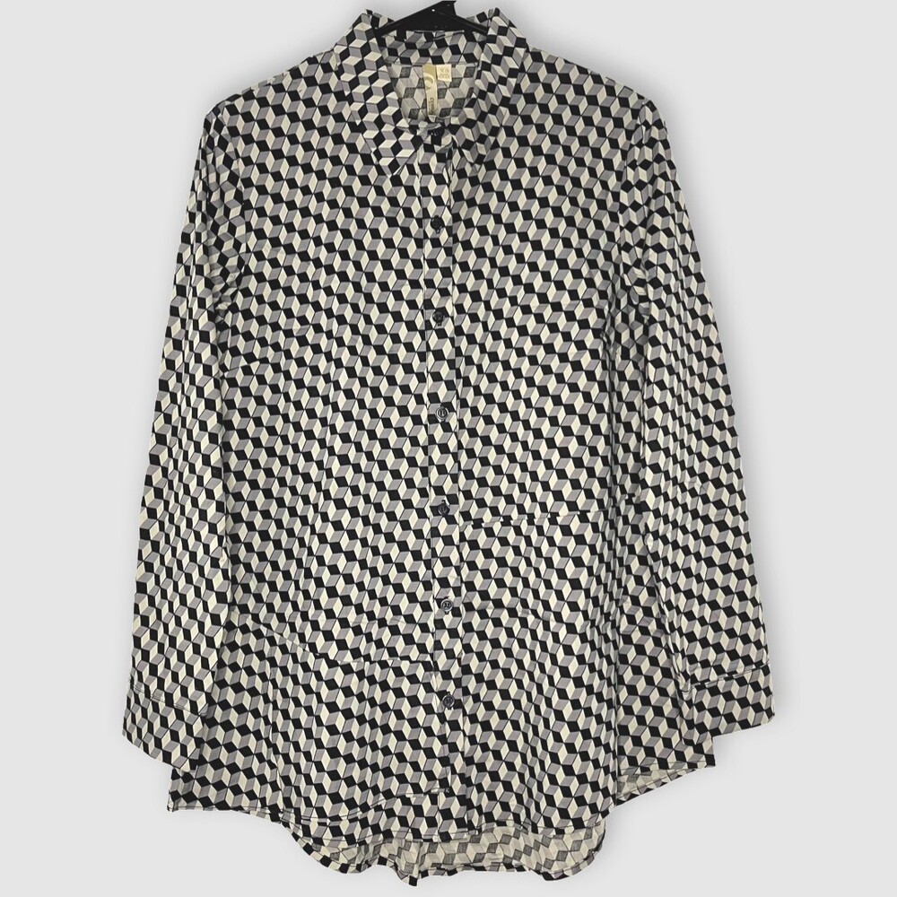 Comfy USA Women Shirt XS Grey Geometric Stretch Button Up Long Sleeve Lagenlook
